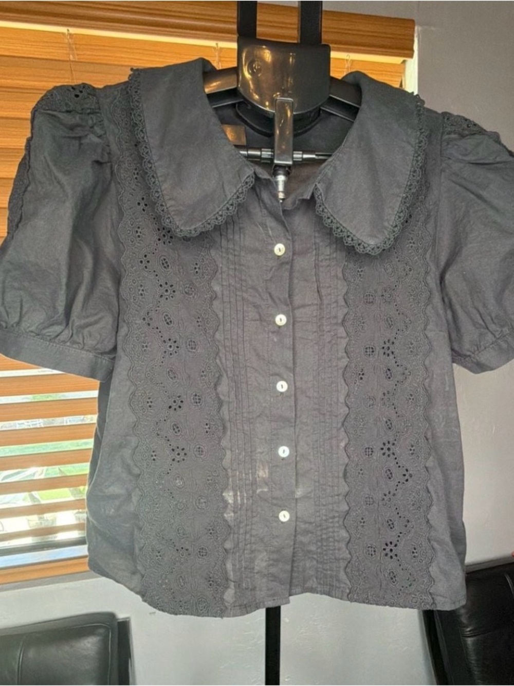Joie Black Eyelet Button-Down Blouse with Peter Pan Collar